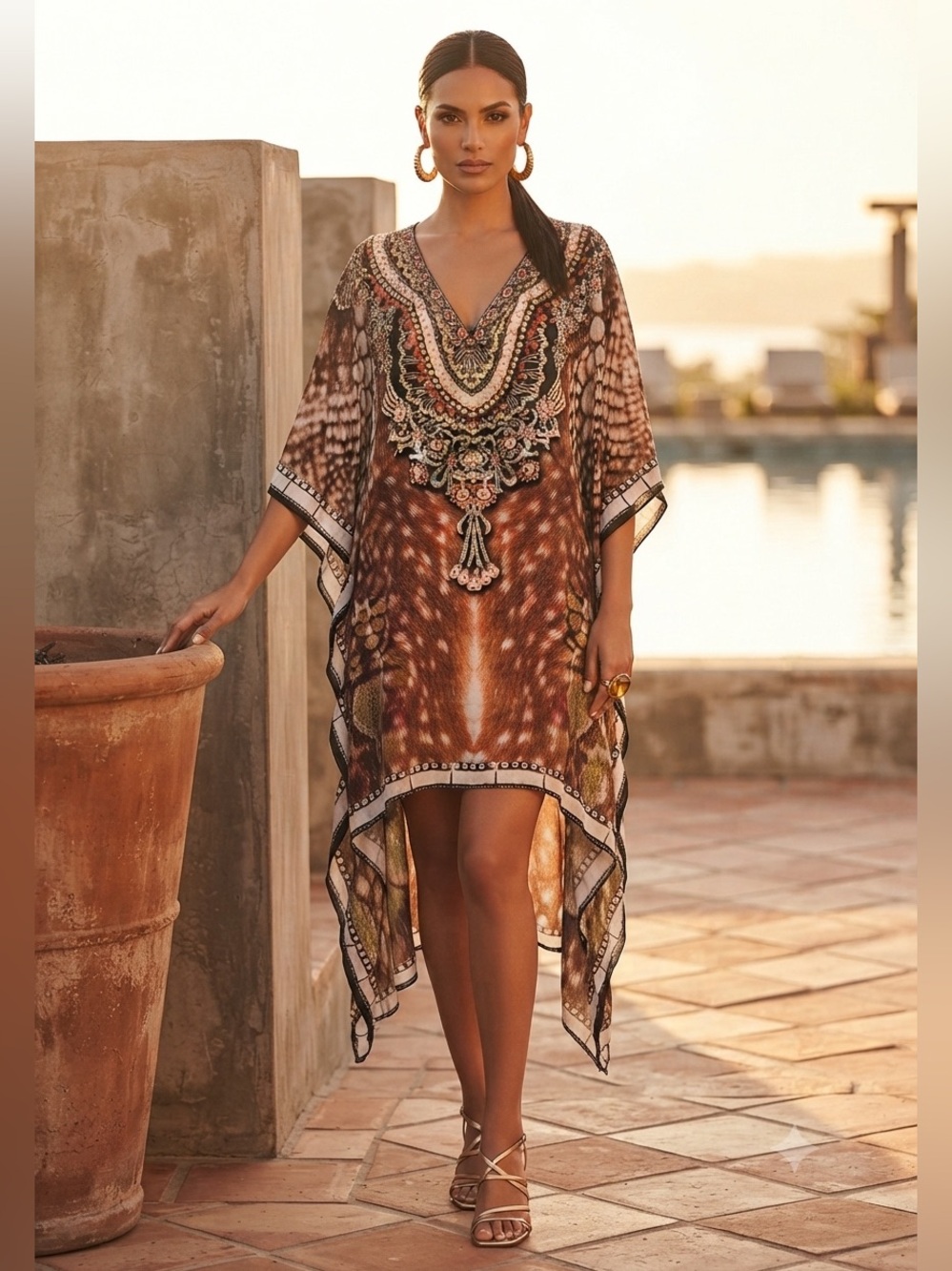 Sakkas Brown Beaded V-Neck Hi Low Mini Dress